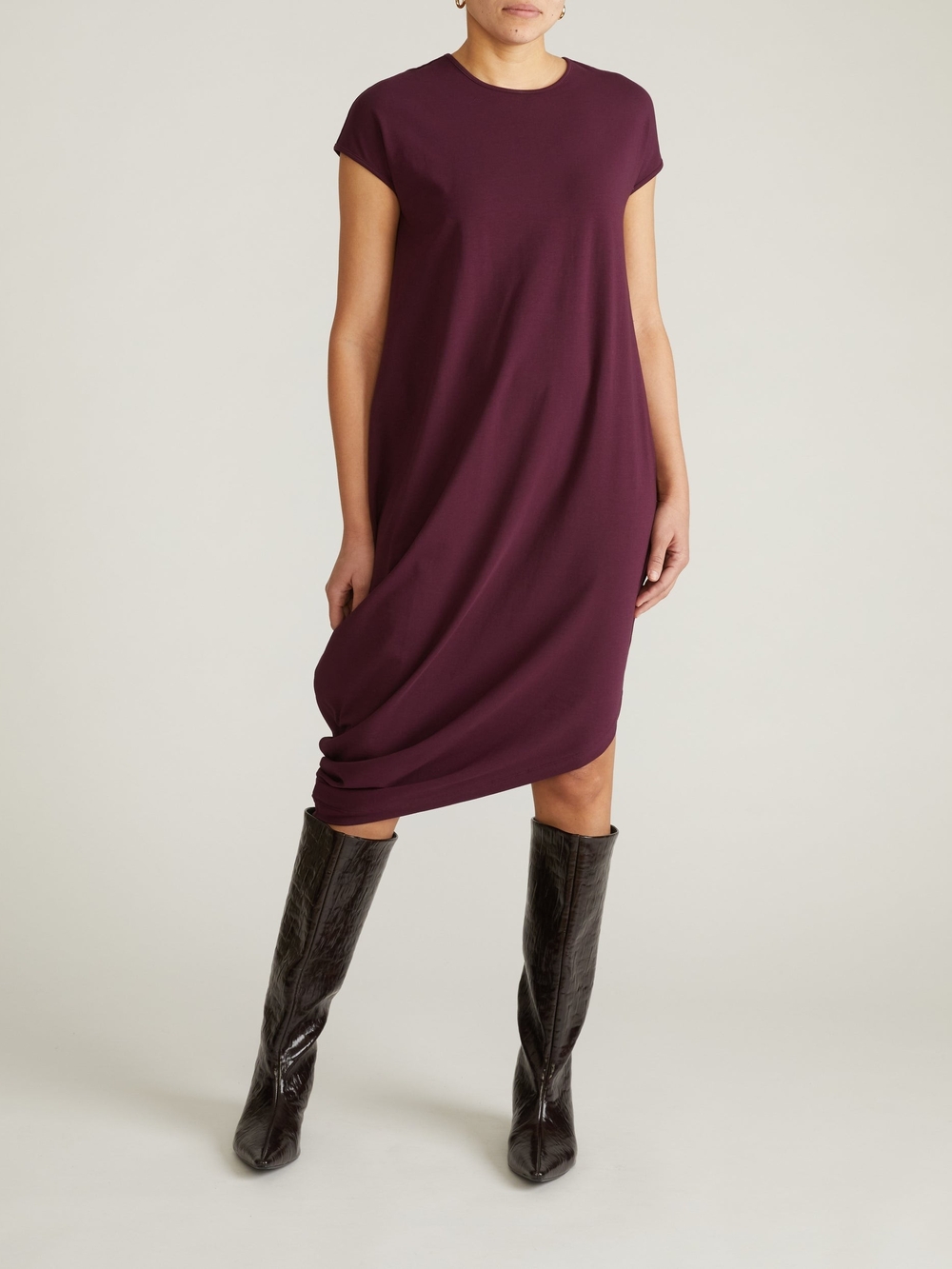 Universal Standard Asymmetrical Short Sleeve Midi Dress in Deep Plum